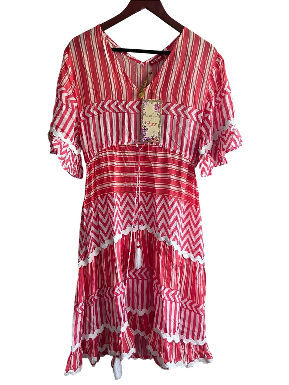 Rubyyaya Palladio Geometric Striped Tiered Midi Dress Red Coral Medium
